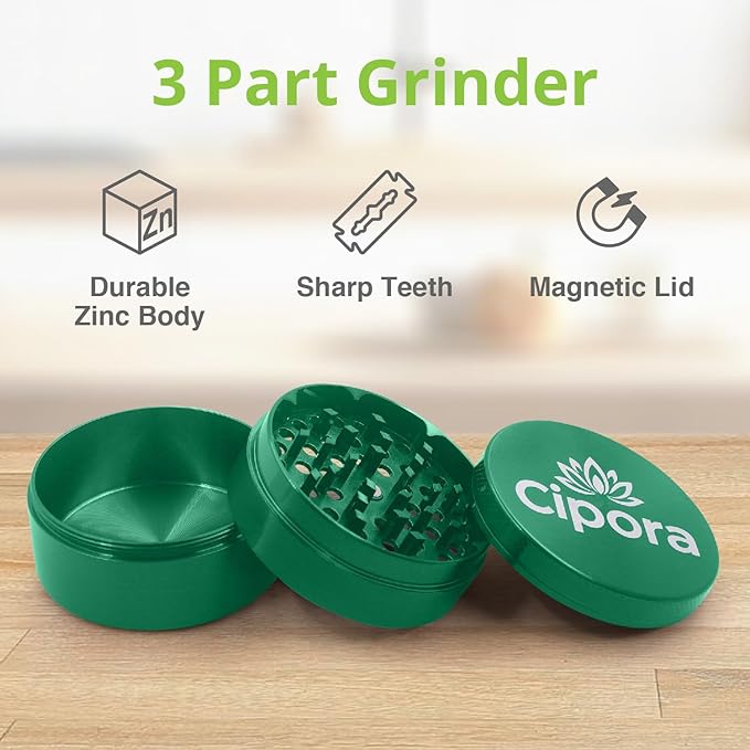 2.5" Manual 3-Piece Zinc Grinder with Large Bottom Chamber (Green)
