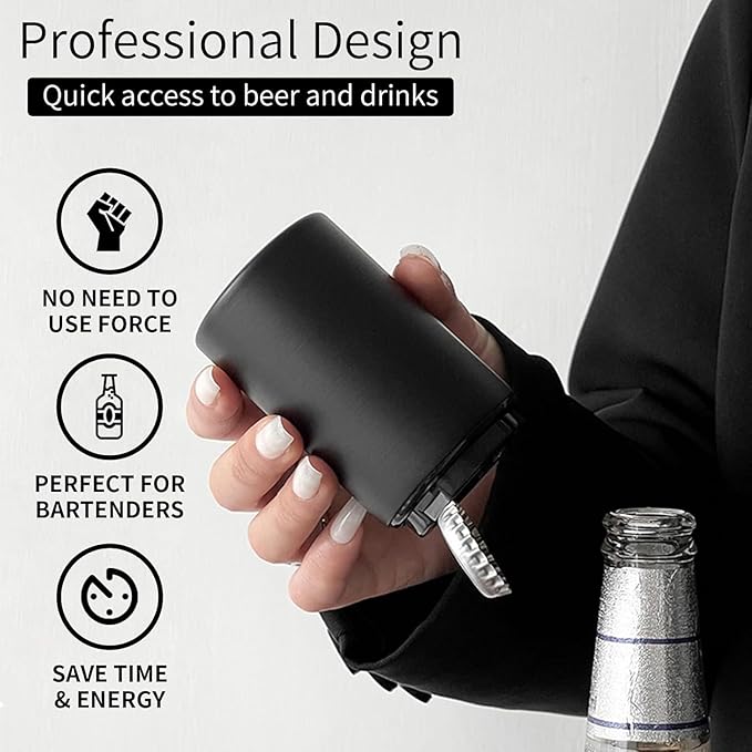 Automatic Bottle Opener Destapadores de Cerveza, Down-Pop Off Beer Bottle Openers with Magnetic Cap Catcher, Home Bars Kitchen Cool Bartender Tools, Men Bottle Cap Opener Gift（Black）