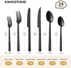 KINGSTONE 24 Pcs Black Hammered Silverware Set with Steak Knives for 4, 18/10 Stainless Steel Heavy Duty Flatware Set, Tableware Cutlery Utensil Sets for Home Restaurant Dishwasher Safe