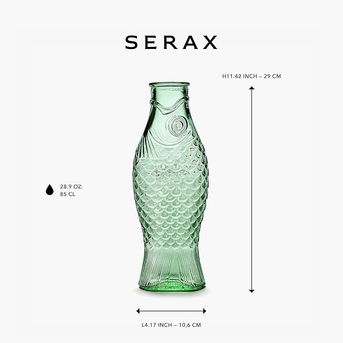 Serax Glass Water Pitcher | Fish & Fish glassware by Paola Navone | Wine Carafe Decanter 28.74 fl oz | Clear Green Bottle Container for hot & cold Drinks | Fridge Beverage Dispenser, Suitable as Vase