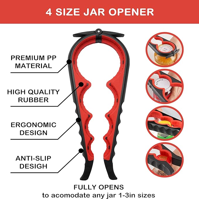 Jar Opener for Weak Hands, Seniors with Arthritis, 5 in 1 Multi Function Bottle Opener Lid Opener For Arthritic Hands with Non Slip Rubber Jar opener Gripper Pad(red)
