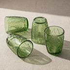 Vintage Green Drinking Glasses Set of 4, 10 oz Handcrafted Deep Textured Glass Cups, Fern Embossed Retro Glassware, Decorative Cocktail Tumblers for Home & Bar, Artisan Made Colored Drinkware Gift Set
