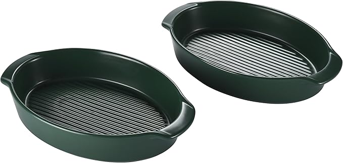 Bruntmor Oval Baking Dish Set for Oven, Durable & Versatile - Ceramic Serving Dishes - Oven Safe Au Gratin Baking Dishes Pans - Ideal for Any Occasions - Housewarming Gift - Set of 2 - Dark Green