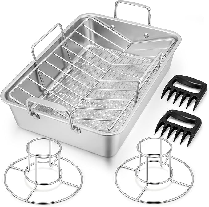 16" Roasting Pan with Rack, 7 PCS P&P CHEF Stainless Steel Turkey Roaster Lasagna Pan with Cooling Flat & V-shaped Baking Rack, Grilling Chicken Holder, Meat Shredding Claws, Dishwasher & Oven Safe