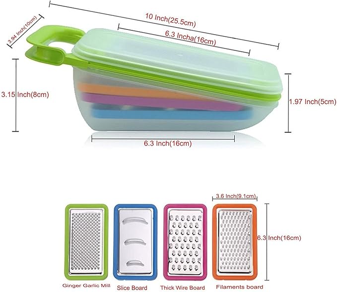Tenta Kitchen Good Grips Complete Grater & Slicer Set 4 in 1 Onion Chopper, Vegetable Slicer, Fruit and Cheese Cutter Container With Storage Lid (Green)