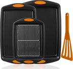 5-Piece Nonstick Baking Pans Set - Premium Carbon Steel Bakeware with PFOA/PFOS/PTFE-Free Coating, Red Silicone Handles (Black Orange)