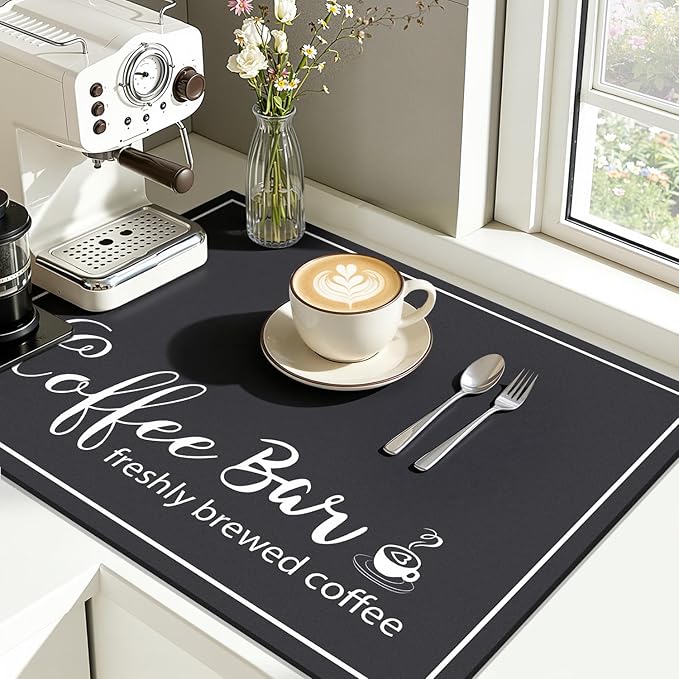 Findosom Dish Drying Mat, 16"x 24" Super Absorbent & Hide Stain Coffee Mat, Cuttable Drying Mat for Kitchen Counter, Coffee Bar Accessories, Under Dish Rack, Coffee Maker, Espresso Machine, Black