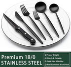 EWFEN 24-Piece Black Silverware Set with Steak Knives, Black Flatware Set for 4, Food-Grade Stainless Steel Tableware Cutlery Set, Mirror Finished Utensil Sets for Home Restaurant, Long Edge