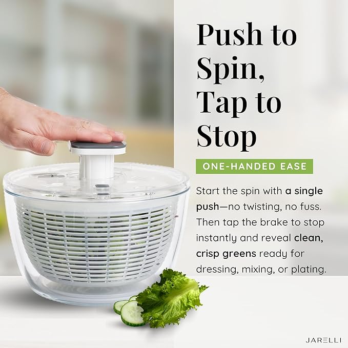 Glass Salad Spinner Large Capacity 6.3QT with Storage Lid | Boroscilicate Glass Bowl and BPA-Free and Food-Safe Colander, Base, Spinner Lid and Storage Lid | Washing, Spinning, and Draining