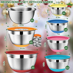 DUTZUN Mixing Bowls with Lids Set - 16pcs Stainless Steel Mixing Bowl Set with Colander, 3 Grater Attachments, Non-Slip Bottom, Metal Nesting Bowls with Strainer for Mixing & Serving - Multicolor