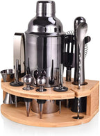 Bartender Kit with Stylish Bamboo Stand, 12 Piece 25oz Cocktail Shaker Set for Mixed Drink, Professional Stainless Steel Bar Tool Set, Gift for Man Dad- Cocktail Recipes Booklet (Grey)