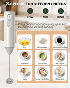 3-Speed Rechargeable Milk Frother with Cover, Dual Coil Whisk Coffee Frother Handheld - Portable Hand Frother Wand for Coffee Matcha Cappuccino & Hot Chocolate, Kitchen Gift, White