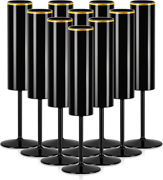 12 Pack Champagne Flute Acrylic 5.4 Oz Black Champagne Flutes Gold Rim Disposable Champagne Glasses Wedding Toasting Glasses Reusable Square Stemmed Wine Glasses for Wedding Christmas Halloween