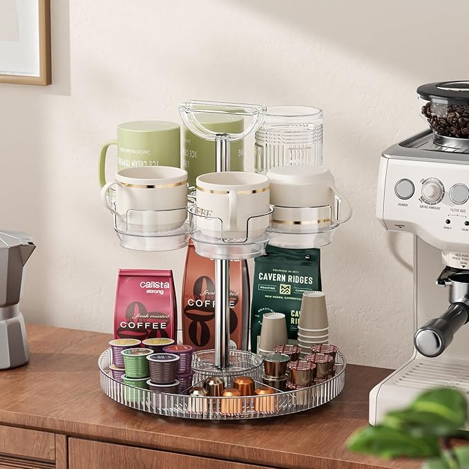 Rotating Coffee Bar Accessories Organizer, 2-Tier Lazy Susan Cup Holder for Stanley 40oz Tumbler with Handle, Countertop Drying Rack Station with Divided Tray for K-Cups, Snacks & Mugs