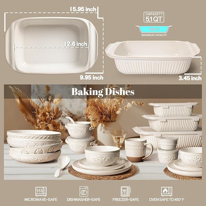 Artena Baking Dish 5.1 Quarts, Casserole Dishes For Oven, Baking Pan With Handles, Lasagna Pan Deep, Large Casserole Dish, Rectangular White Ceramic Bakeware (Only Baking Dish)
