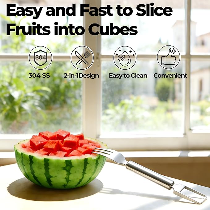 2-in-1 Stainless Steel Fruit Cutter, 2026 New Upgrade Dual Head Watermelon Fork Slicer Cutter Tool, Summer Watermelon Fruit Cutting Home Kitchen Gadgets (2PCS)