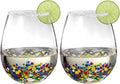 Large Stemless Wine Glasses – Set of 2-14oz Luxury Hand Blown Confetti Margaritas, Martini, Cocktails, Water, Wine, Dessert & Champagne Glasses Cinco de Mayo, Hand Blown - Mexican Confetti Glass