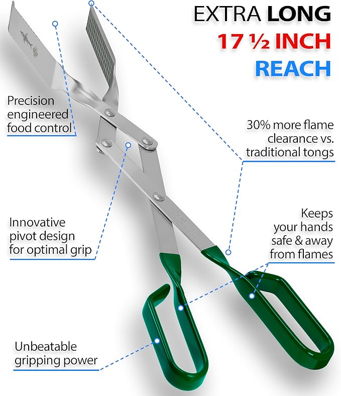 Shark BBQ Grill Tongs - 17 inch (Green). Professional steak grilling utensil. Long-reach Barbeque Tong. Ideal for steak, fish, burger, and sausage
