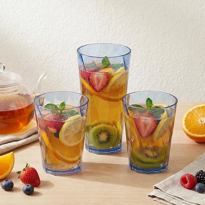 LemonRoad 24 Pack Reusable Plastic Drinking Glasses Set - 20oz & 13.5oz Stackable Tumbler, Shatter-resistant Highball Cups for Water, Cocktail, Iced Coffee, Indoor Outdoor Use, BBQ, Patio, Pool (Blue)