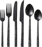 KINGSTONE 48 Pcs Black Hammered Silverware Set with Steak Knives for 8, 18/10 Stainless Steel Heavy Duty Flatware Set, Tableware Cutlery Utensil Sets for Home Restaurant Dishwasher Safe