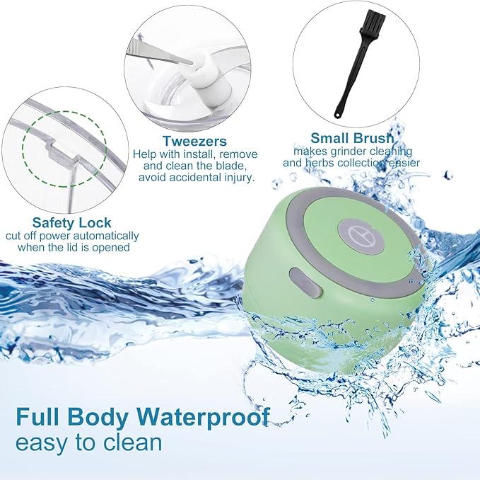 Electric Herb Grinder for Spice- Efficiency 3.4oz Large Grinder for Grinding Fresh and Dry Herb, Portable USB Charge with Clear Chamber, Clean Brush and Tweezers As a Gift (Pale-green)