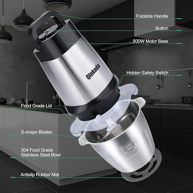 Qinkada Food Processor, 500W Powerful Meat Grinder, 14Cup Stainless Steel Bowl, 3 Speed Modes 4 Bi-Level Blades for Onion, Meat, Nuts, Fruit, Garlic, Vegetable, Baby Food