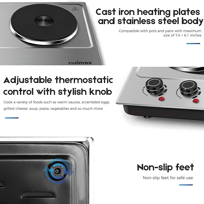 CUSIMAX 1800W Double Hot Plate, Stainless Steel Silver Countertop Burner Portable Electric Double Burners Electric Cast Iron Hot Plates Cooktop, Easy to Clean, Upgraded Version C180N