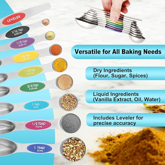 Magnetic Measuring Spoons Set of 9 with Leveler, Color-Coded Dual Sided Stainless Steel Measuring Spoon Set, Stackable Teaspoon and Tablespoon Set for Baking, Cooking, Kitchen Gadgets Dishwasher Safe