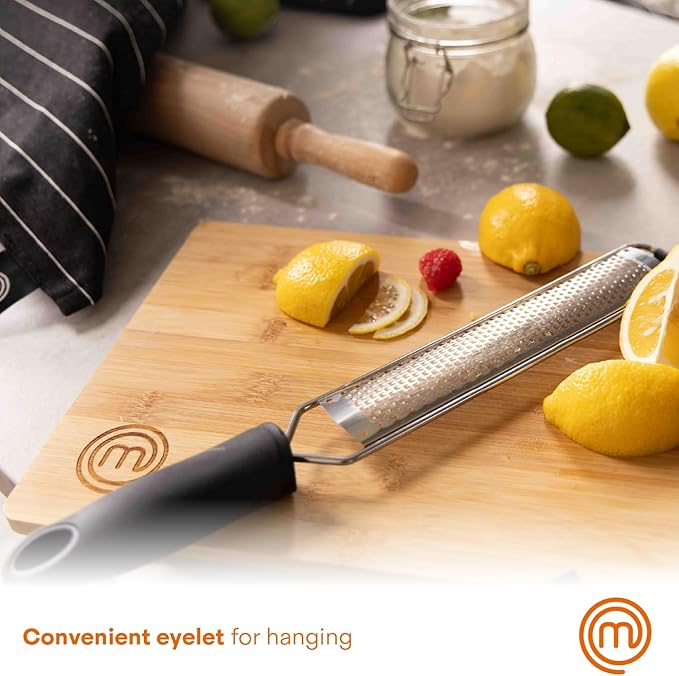 MasterChef Zester Grater with Handle, Kitchen Tool for Zesting Citrus Fruits & Finely Grating Parmesan Cheese, Garlic, Ginger, Coconut, Nutmeg, Wasabi, Chocolate etc, Stainless Steel