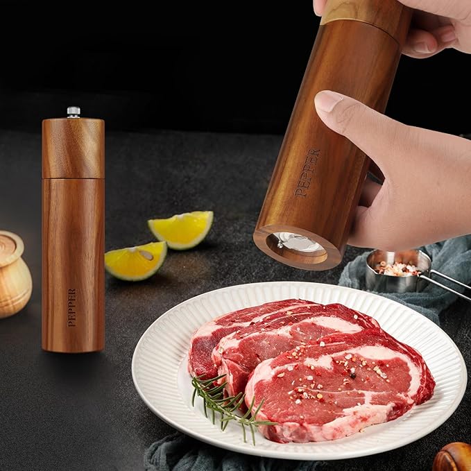 Acacia Wood Salt and Pepper Grinder Set with Base - Adjustable Ceramic Rotor Manual Pepper Mill and Salt Shaker - Refillable Wooden Spice Grinders for Kitchen Cooking, Farmhouse Decor & Gifts