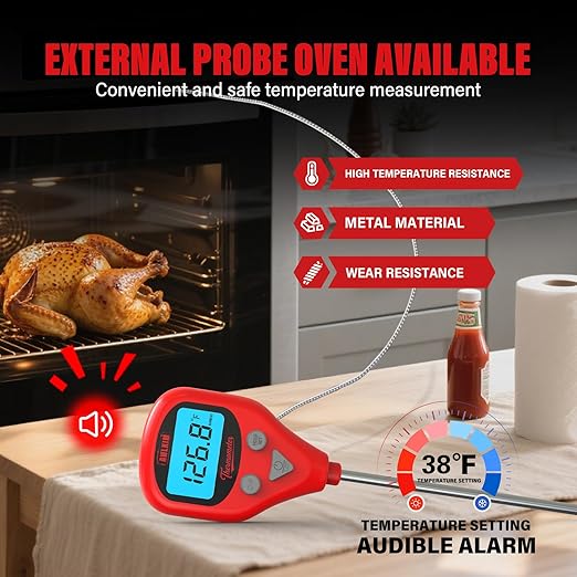 AWLKIM Rechargeable Digital Meat Thermometer with 3.3ft External Probe, Warning Alert, Instant Read Food Thermometer for Cooking Baking Water BBQ Oil Fry, Waterproof IP67, Hold Function, Oven Safe