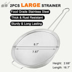 8.7" Large Fine Mesh Strainer Set with Sturdy Handle, Stainless Steel Sieve Flour Sifter, Kitchen Metal Colander for Rice, Quinoa, Pasta, Fruit, 2 Pack