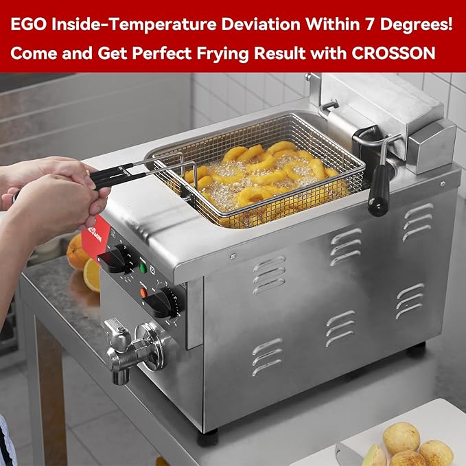 CROSSON 8L Countertop Electric Deep Fryer with Draining Valve,Solid Basket and Lid for Restaurant Use 120V,1800W Stainless Steel Commercial Deep Fryer