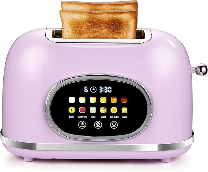 Roter Mond 2 Slice Toaster Smart Touch Screen, Retro Stainless Steel Bread Toaster with Digital Timer, Sleep Mode, Bagel, Cancel, and Defrost Functions, 6 Bread Types and Shade Settings, Light Purple