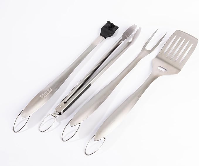 4-Piece BBQ Tool Set - Stainless Steel Grilling Utensils Kit for Outdoor Barbecue - Tongs, Spatula, Fork, Basting Brush - Heavy-Duty Grill Accessories with Heat-Resistant Handles