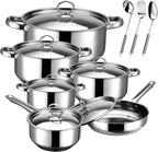 Hunnycook Stainless Steel Cookware Set - 15 Pieces Stainless Steel Pots and Pans Set, Includes 6 Pots and Pans, 6 Lids and 3 Utensils, Fixed Handles, Induction Safe and Dishwasher Safe