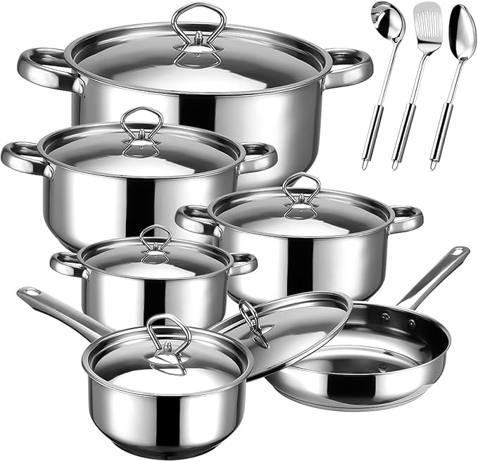 Hunnycook Stainless Steel Cookware Set - 15 Pieces Stainless Steel Pots and Pans Set, Includes 6 Pots and Pans, 6 Lids and 3 Utensils, Fixed Handles, Induction Safe and Dishwasher Safe
