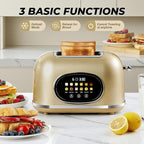 Roter Mond 2 Slice Toaster Smart Touch Screen, Retro Stainless Steel Bread Toaster with Digital Timer, Sleep Mode, Bagel, Cancel, and Defrost Functions, 6 Bread Types and Shade Settings, Gold