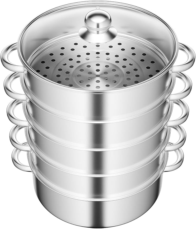 5 Tier Steamer Pot, Stackable Kitchen Steamer with One Piece Bottom Clear Visible Lid Large Capacity and Anti-Scald Handles Detachable Combination Storage Stainless Steel Steamers Pot for Dumplings Etc