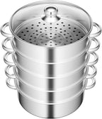 5 Tier Steamer Pot, Stackable Kitchen Steamer with One Piece Bottom Clear Visible Lid Large Capacity and Anti-Scald Handles Detachable Combination Storage Stainless Steel Steamers Pot for Dumplings Etc