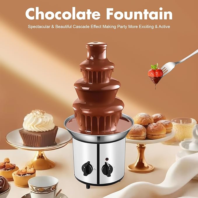 4 Tier Chocolate Fondue，430 Stainless Steel Chocolate Fountain Machine, Electric Chocolate Melting Fondue Fountain Set, Chocolate Fountain Machine for Chocolate Candy Butter Cheese
