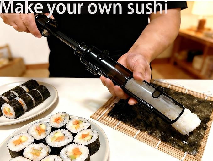 Sushi Making Kit – Clear Sushi Bazooka Roller & Bamboo Sushi Rolling Mat, Easy DIY Sushi Maker Tool Set for Beginners, Homemade Sushi Rolls for Kitchen & Party (Clear Black)