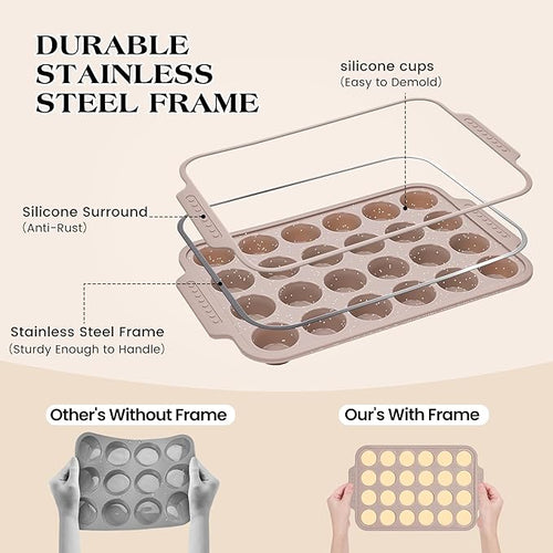 1 Pc Silicone Muffin Pans for Baking with Metal Reinforced Frame, Nonstick Cupcake Tray for Oven, 24 Cups Mini Size Silicone Molds for Egg Bites, Dishwasher Safe (Brown)
