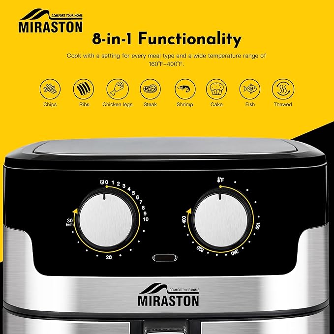 8.5QT Air Fryer, Upgraded Family Size Capacity, Visual Window, Square Basket Dials Stainless Steel Air Fryers, Reheat Leftovers, Easy Cooking for Healthier Breakfast & Dinner in Minutes