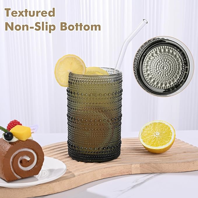 ZMOWIPDL Vintage Hobnail Drinking Glasses Set of 8,Grey 12 oz & 15oz Highball Glass Cups, Kitchen Drinkware Glassware,Embossed Water Tumbler,for Beer,Cocktail,Whiskey,Juice and Various Mixed Drinks