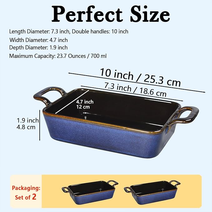 7 x 4 Au Gratin Baking Dishes for Oven Safe and Microwave Cooking and Baking, 2 piece, Heat Resistant Ceramic with Handles for Serving, Small Casserole Dish Set for 1 or 2 person servings, Blue