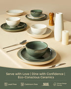 Pokini Plates and Bowls Sets for 8, 24 Piece Dinnerware Set for Large Families & Entertaining, Elegant Design, Dishwasher & Microwave Safe, Chip Resistant and Durable, Forest Green