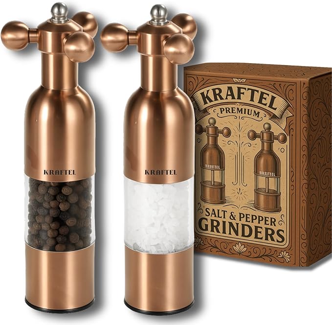 Premium 8" Salt and Pepper Grinder 2PK. Large Peppermill - Refillable, Adjustable Coarse, Antique Stainless Steel Spice Shaker. Clear Acrylic aesthetic - Cute Copper Color Kitchen Gift for Mom
