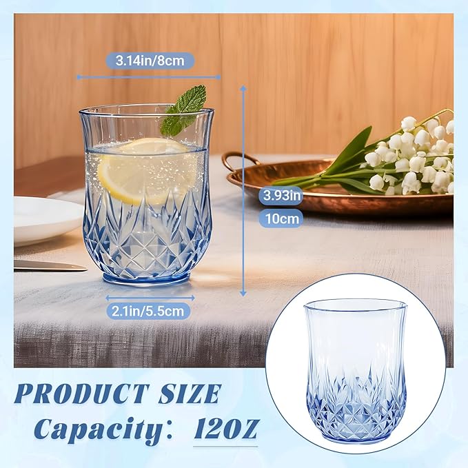 12 Pack Plastic Stemless Wine Glasses,12oz Unbreakable Vintage Elegant Drinking Glass Set,Reusable Fancy Cocktail Cups for Party, Wedding, and Bulk Events (12, 12oz-Blue)
