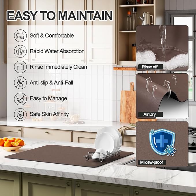 Ecotrim - Dish Drying Mat for Kitchen Counter | Coffee Bar Mat for Countertops | Heat Resistant Drainer Mat with Non-slip Rubber Backed | Hide Stain Kitchen Absorbent Draining Mat | Brown 18"x32"